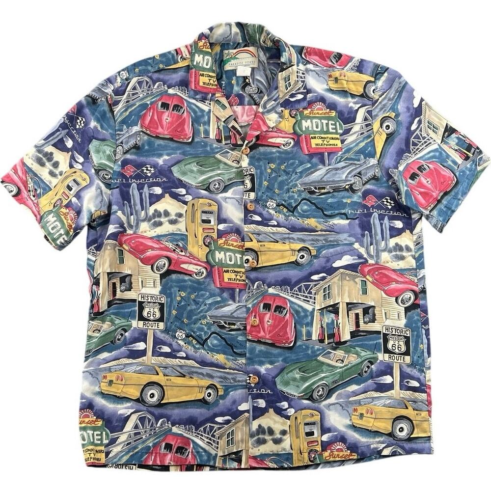 Vintage 90s Paradise Found Button Shirt Route 66 Classic Cars Hawaiian Rayon - M